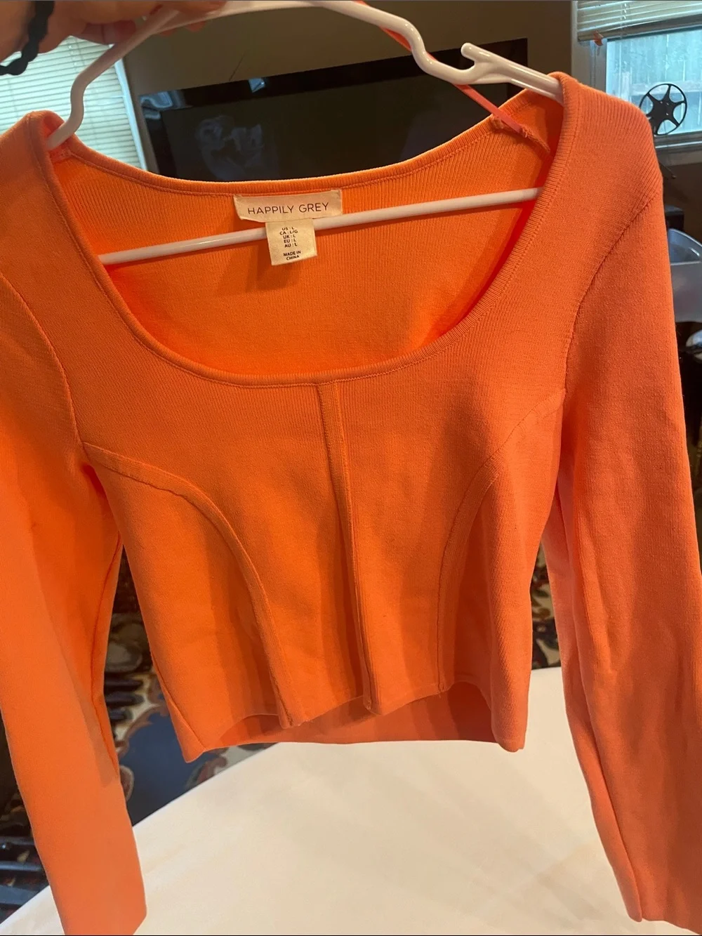 Cropped Long-Sleeve Scoop Neck Top — Orange